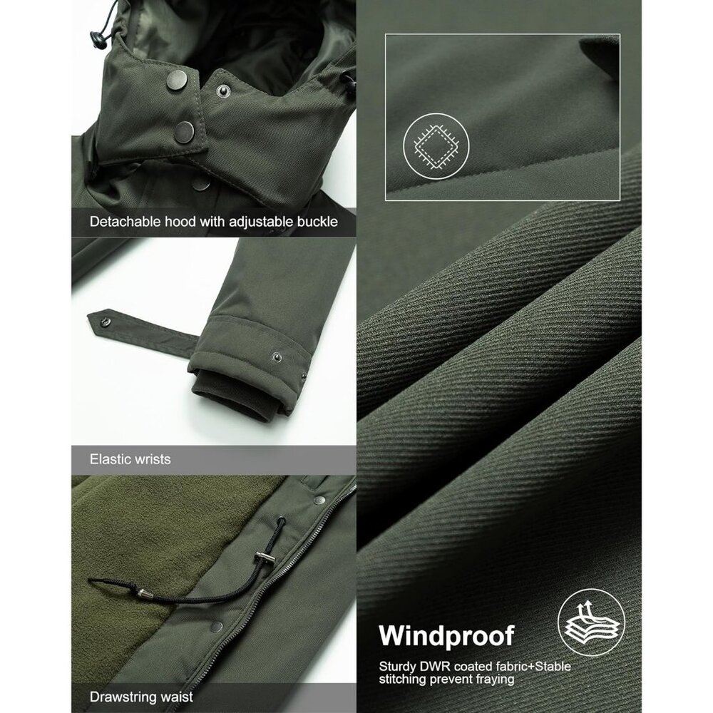 Women's Army Green Waterproof Fleece Lined Detachable Hood Jacket Coat Warm - Picture 6 of 7